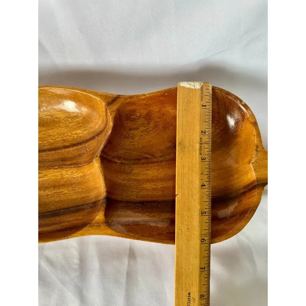 Vintage Acacia Wood Leaf Divided Serving Tray 2 Section Snack Bowl Boho Decor